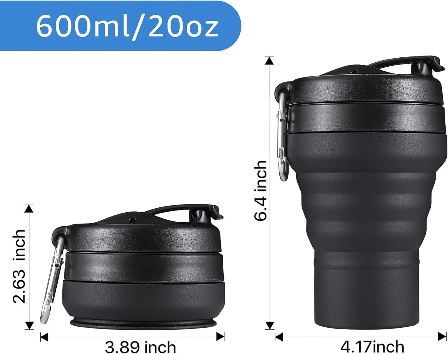 Collapsible Coffee Cup, 16 OZ 480ml Large Silicone Folding Camping Mug, Leak Proof BPA Free Portable, Travel Bottle with Lids for hiking, Microwave & Dishwasher Safe (Black)