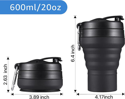Collapsible Coffee Cup, 16 OZ 480ml Large Silicone Folding Camping Mug, Leak Proof BPA Free Portable, Travel Bottle with Lids for hiking, Microwave & Dishwasher Safe (Black)