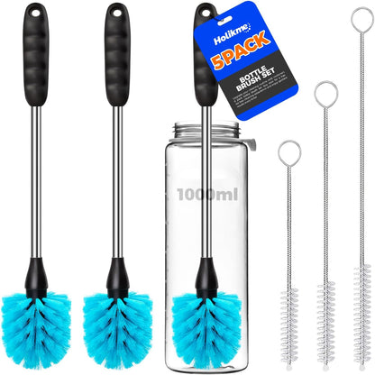 Holikme 6 Pack Bottle Brush Set, 14" Long Handle Stainless Steel Bottle Cleaner Brush, 3 Straw Brushes, 4-in-1 Bottle Cleaning Brush for Water Bottle, Antistatic Lab Brushes Straws, Black