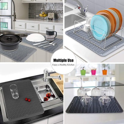 Silicone Dish Drying Mat, Non-Slip Easy Clean Sink Mat Large Heat-resistant Dish Drainer Mat for Kitchen Counter, Sink, Refrigerator or Drawer liner (12" x 6", BLACK)