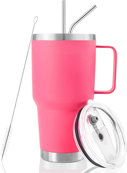 30 oz Tumbler With Handle, Double Wall Stainless Steel Vacuum Insulated Travel Mug with Splash-Proof Lid Metal Straw and Brush (Cream)
