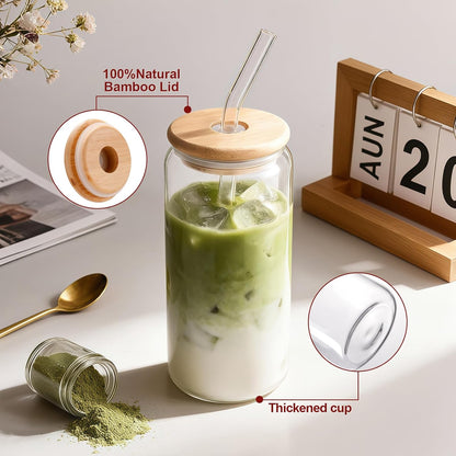 DWTS DANWEITESI Iced Coffee Cups with Lids 2 pcs,16 oz Glass Cups with Lids and Straws as Coffee Bar Accessories,Beer Drinking Glasses,Reusable Glass Tumbler,Cute Coffee Cups for Coffee, Juice, Gifts