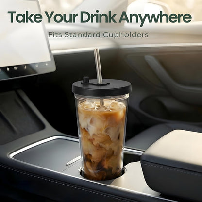 Reusable Iced Coffee Cup with Lid and Straw, 24 oz/Venti, BPA-Free Double-Wall Insulated Plastic Tumbler for Cold Drinks, Includes Clear Plastic Straw, Stainless Steel Straw and Cleaning Brush, White