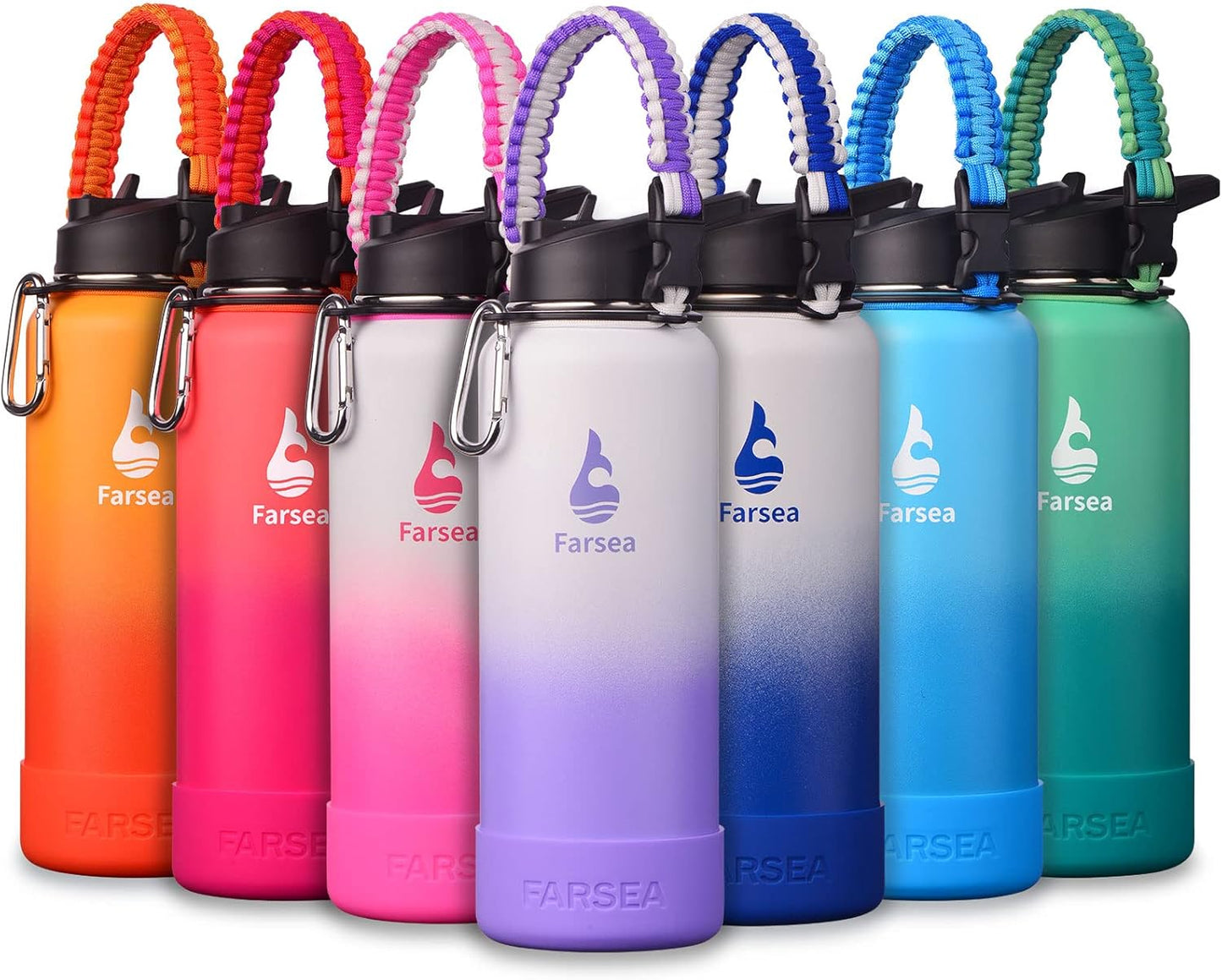 Farsea Insulated Water Bottle With Paracord Handle, Protective Silicone Boot and 2 Lids (Straw Lid & Spout Lid), Stainless Steel Water Bottle Wide Mouth, Double Wall Sweat-Proof BPA-Free, 24 oz