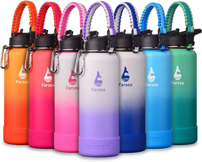 Farsea Insulated Water Bottle With Paracord Handle, Protective Silicone Boot and 2 Lids (Straw Lid & Spout Lid), Stainless Steel Water Bottle Wide Mouth, Double Wall Sweat-Proof BPA-Free, 24 oz