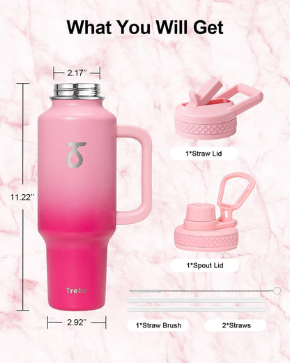 Trebo 40 oz Water Bottle Insulated Fit Car Cup Holder with Handle, Stainless Steel Water Bottles Tumbler with Spout Straw Lids, Double Wall Travel Reusable Flask, Leakproof Mug,Keep Cold &Hot,Black