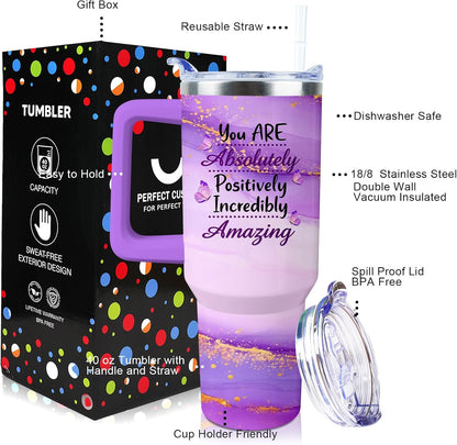 40 oz Tumbler with Handle and Straw Lid Leak Proof | You're Awesome Inspirational Mother's Day Birthday Gifts for Women Men Coworker Friends | Stainless Steel Cup Dishwasher Safe