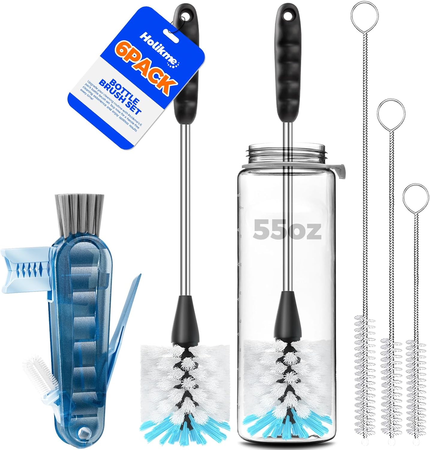 Holikme 6 Pack Bottle Brush Set, 14" Long Handle Stainless Steel Bottle Cleaner Brush, 3 Straw Brushes, 4-in-1 Bottle Cleaning Brush for Water Bottle, Antistatic Lab Brushes Straws, Black