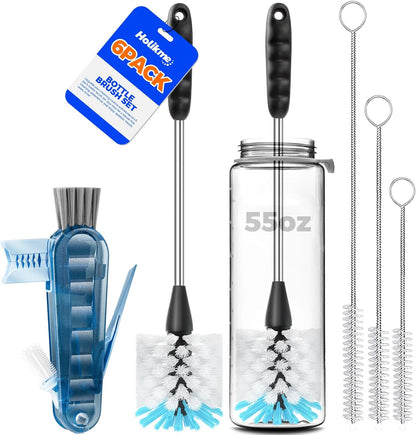 Holikme 6 Pack Bottle Brush Set, 14" Long Handle Stainless Steel Bottle Cleaner Brush, 3 Straw Brushes, 4-in-1 Bottle Cleaning Brush for Water Bottle, Antistatic Lab Brushes Straws, Black