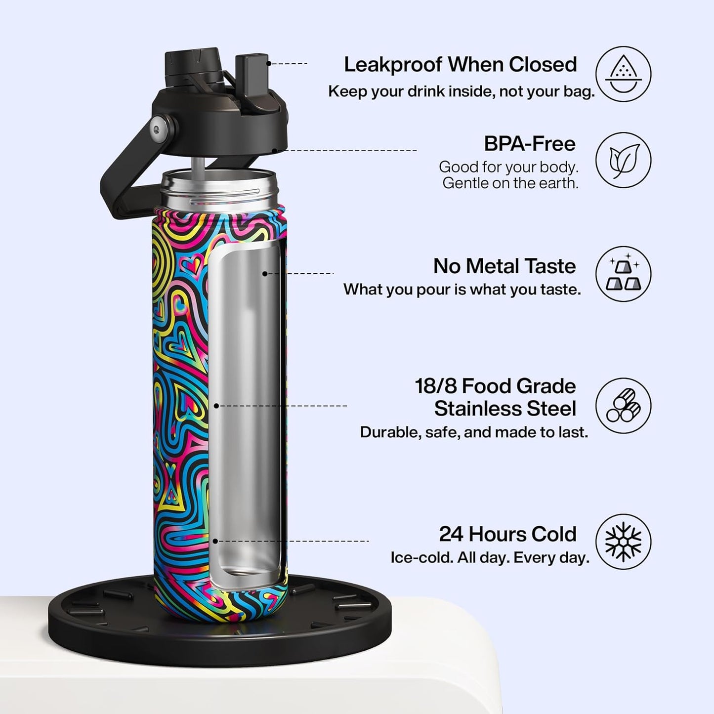 ENCOOL Insulated Water Bottle with Straw Stainless Steel Water Bottle, Leak-Proof, BPA-Free, Double Wall Vacuum Keeps Cold for 24 Hours for Sports, Travel, School (26 oz, Cotton Candy) - Colors D
