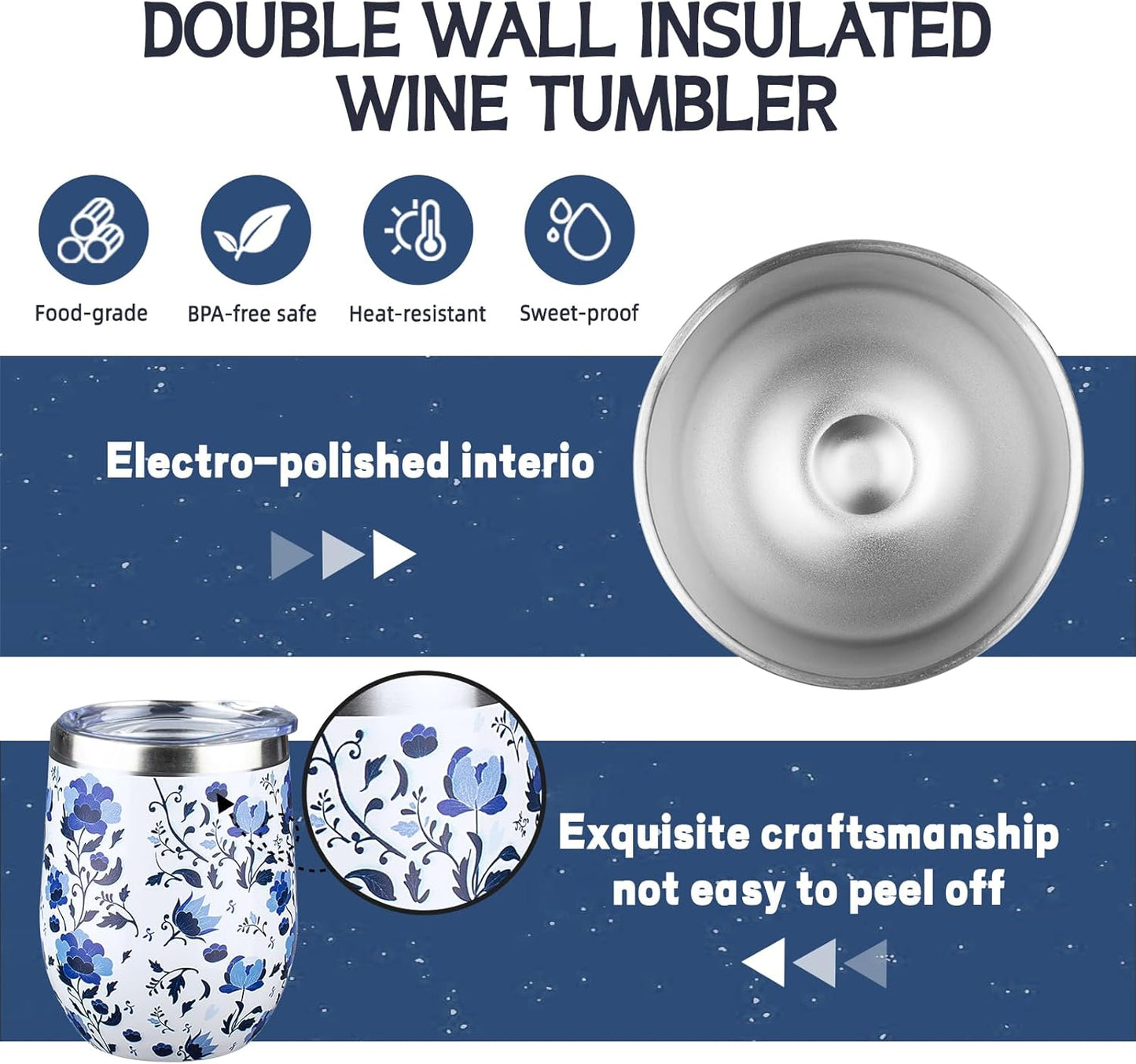 12 oz Insulated Wine Tumbler with Lid and Straw,Stainless Steel Stemless Wine Tumbler Glasses Double Wall Vacuum Wine Cups Tumbler for Coffee,Champaign,Cocktail,Office（Silver,1）