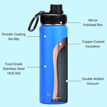 Drinco Stainless Steel Water Bottle Spout Lid Vacuum Insulated Double Wall Water Bottle Wide Mouth (40oz 32oz 22oz 18oz 14oz) Leak Proof Keep Cold Sport Camping Hiking (22 oz, 22oz Black)