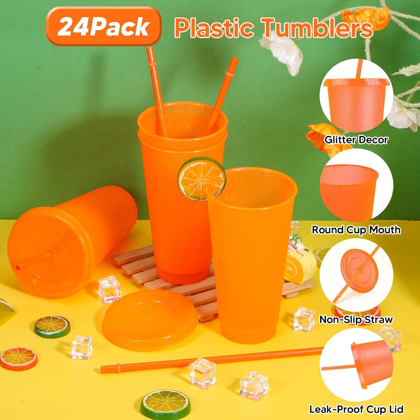 24 Pack Plastic Tumblers with Lids and Straw, Reusable Cups with Lids and Straws Colorful Cups for Cold Drink Iced Coffee, Plastic Tumbler Bulk for Party Birthday Gifts (24 oz, Stylish Colors)