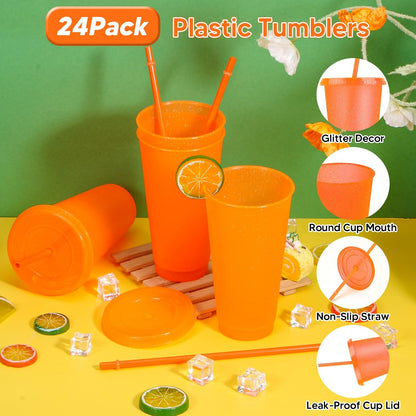 24 Pack Plastic Tumblers with Lids and Straw, Reusable Cups with Lids and Straws Colorful Cups for Cold Drink Iced Coffee, Plastic Tumbler Bulk for Party Birthday Gifts (24 oz, Stylish Colors)