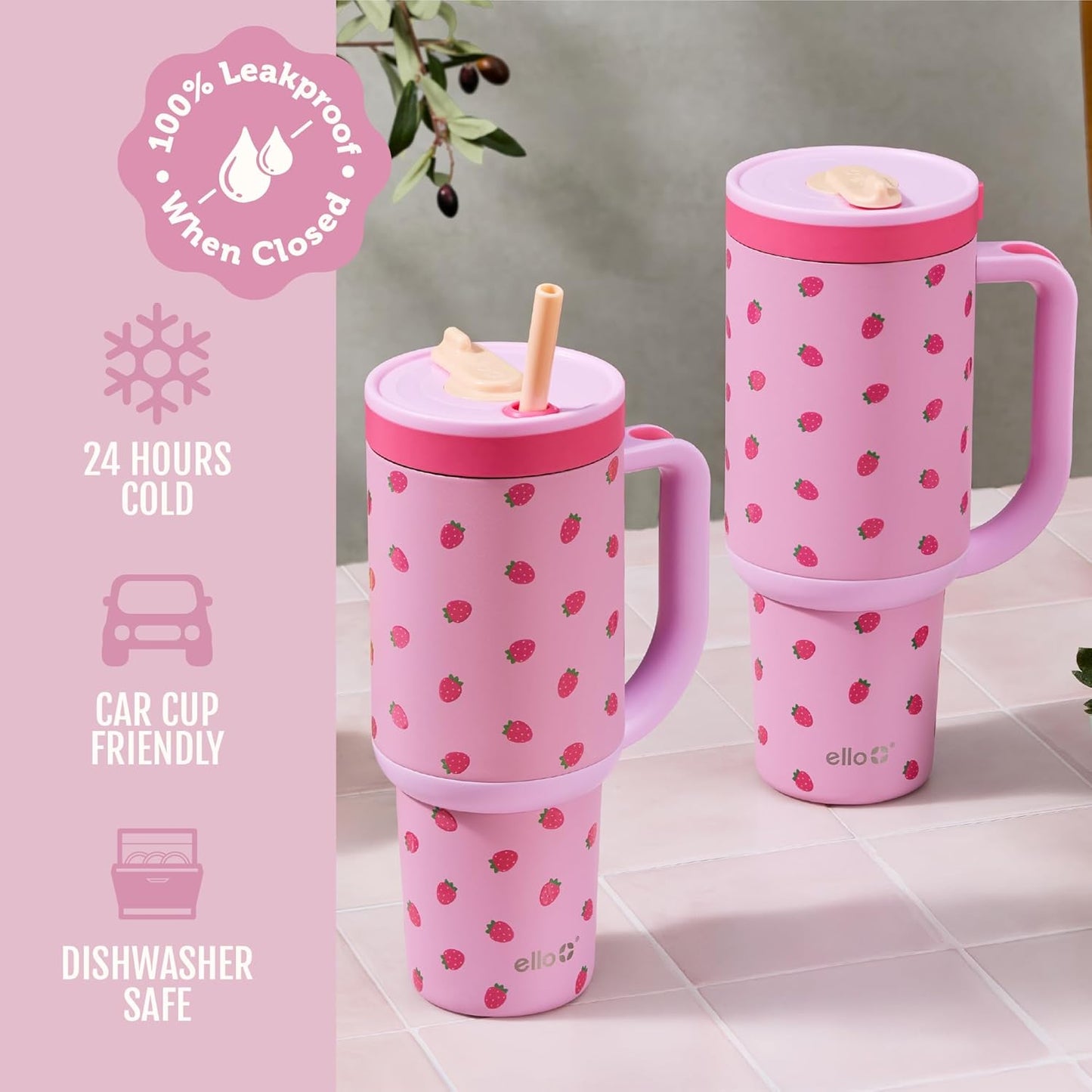 Ello Oasis 40 oz Tumbler with Handle & Retracting Straw | Reusable Insulated Stainless Steel Cup 100% Leakproof, Gifts for Teens Women Men | Keeps cold for 24 Hours, Cup Holder Friendly, Daisies