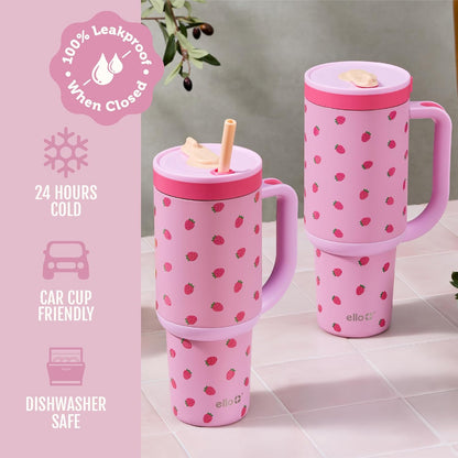 Ello Oasis 40 oz Tumbler with Handle & Retracting Straw | Reusable Insulated Stainless Steel Cup 100% Leakproof, Gifts for Teens Women Men | Keeps cold for 24 Hours, Cup Holder Friendly, Daisies
