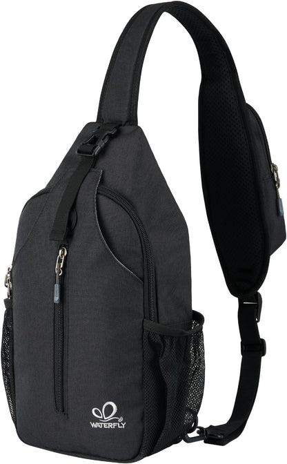 WATERFLY Crossbody Sling Backpack Sling Bag Travel Hiking Chest Bag Daypack (Black)
