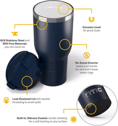 RTIC 20oz Essential Tumbler with Lid, Ceramic Lined, Insulated, Stainless Steel, Metal, Double Wall Vacuum-Insulation, Travel Cup for Iced Coffee, Tea, Hot and Cold Drink, Graphite