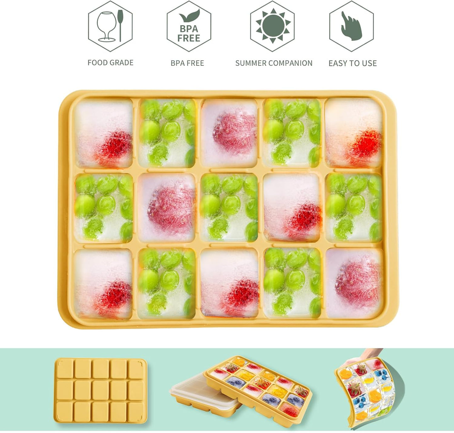 Ice Cube Trays Set of 2, Easy Release 15 Flexible Silicone Ice Cube Molds with Removable Lid Reusable Freezer Ice Trays Stackable for Whiskey, Baby Food, BPA Free (BAMBOO GREEN)