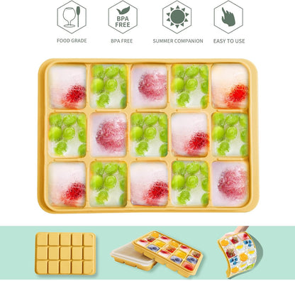 Ice Cube Trays Set of 2, Easy Release 15 Flexible Silicone Ice Cube Molds with Removable Lid Reusable Freezer Ice Trays Stackable for Whiskey, Baby Food, BPA Free (BAMBOO GREEN)