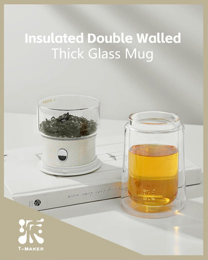 ZENS Modern Glass Infuser Teapot, One Touch Tea Maker for Loose Leaf Tea with Insulated Mug and Portable Case. Enchanted Pot Alternatives for Tea Lover Gifts
