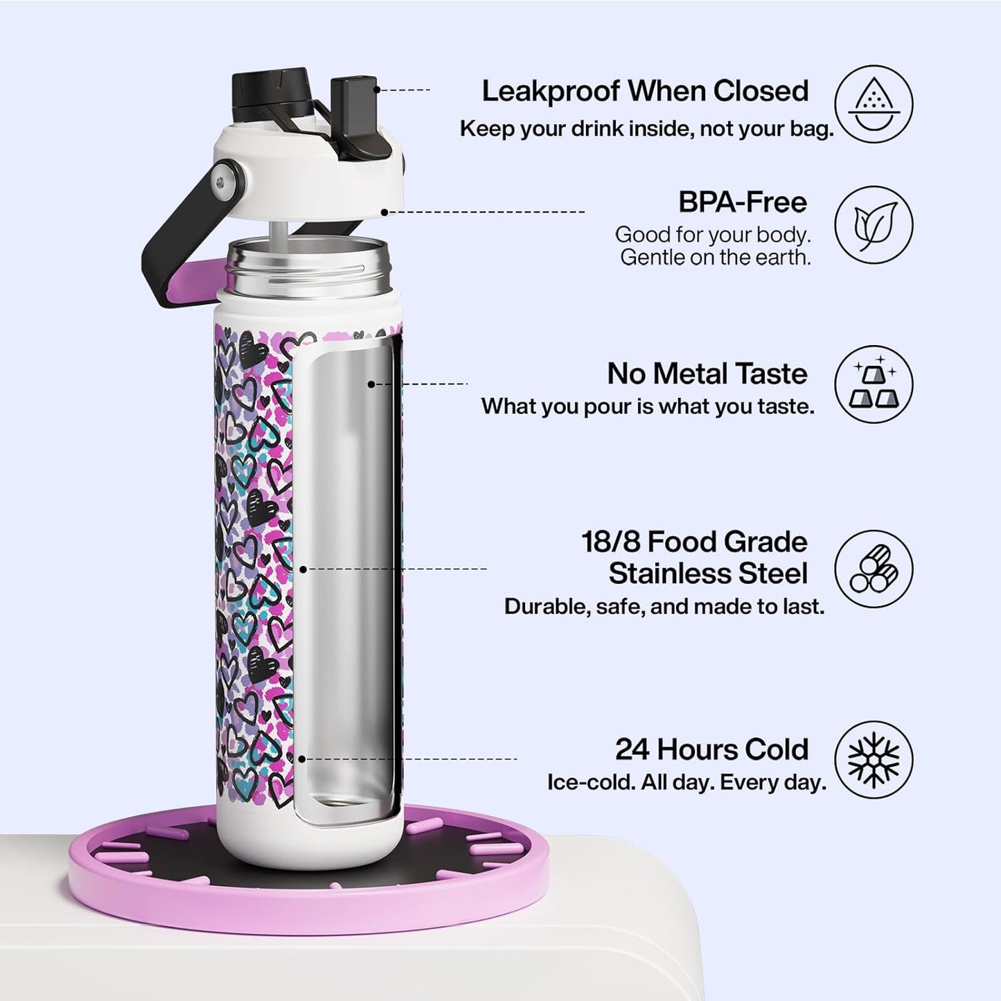 ENCOOL Insulated Water Bottle with Straw Stainless Steel Water Bottle, Leak-Proof, BPA-Free, Double Wall Vacuum Keeps Cold for 24 Hours for Sports, Travel, School (26 oz, Cotton Candy) - Colors C