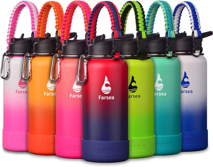 Farsea Insulated Water Bottle With Paracord Handle, Protective Silicone Boot and 2 Lids (Straw Lid & Spout Lid), Stainless Steel Water Bottle Wide Mouth, Double Wall Sweat-Proof BPA-Free, 24 oz