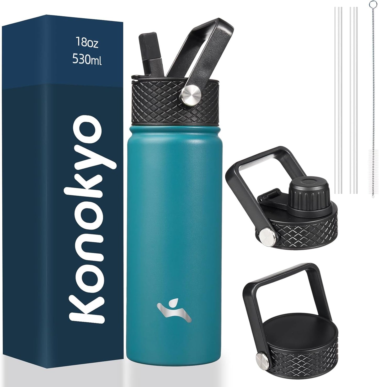 Konokyo 22oz Stainless Steel Bottles with 3 Lids Sport Insulated Water Bottle,Mint