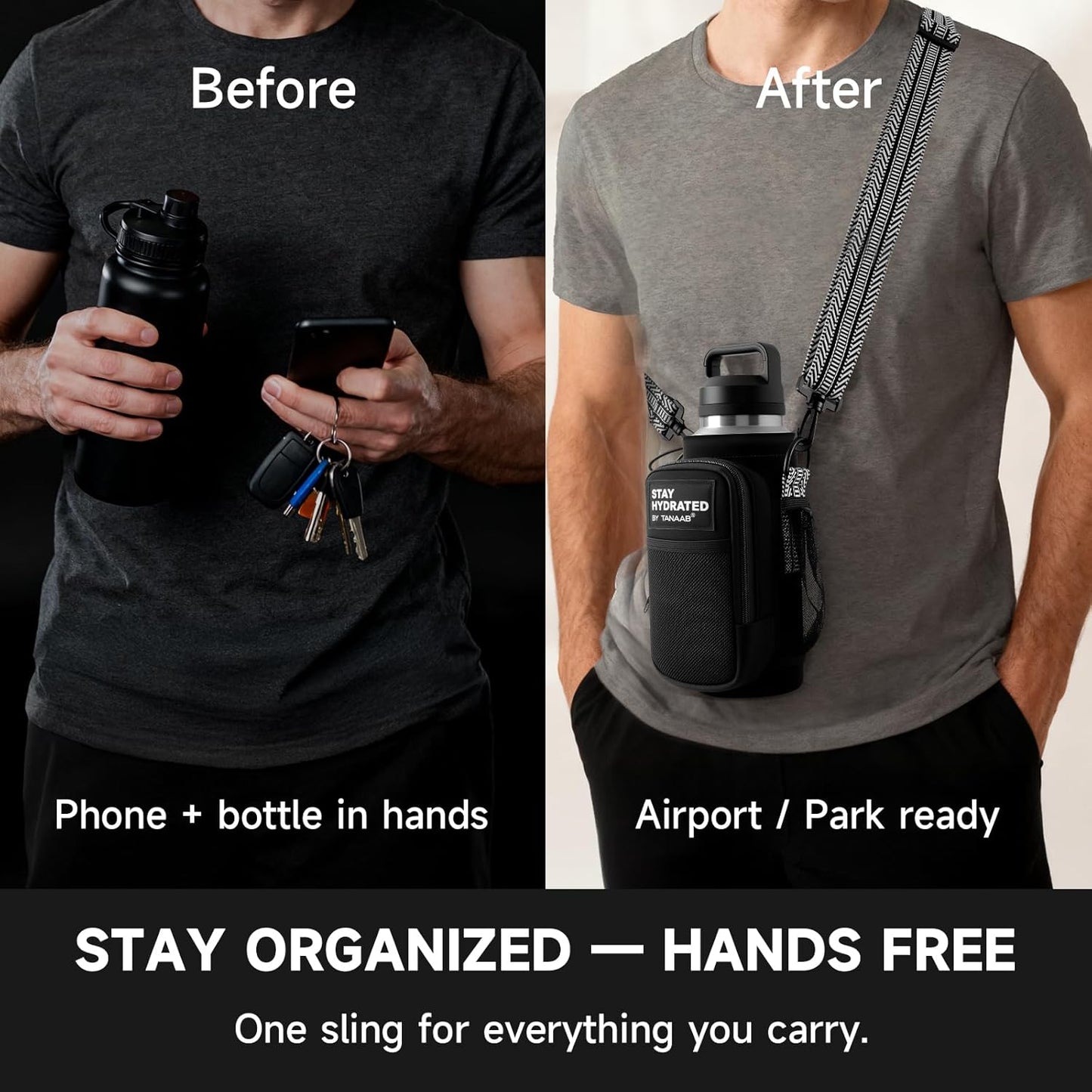 Water Bottle Holder with Strap, Neoprene Crossbody Carrier, Phone Pocket, 1.46" Wide Strap, Fits 24-40oz