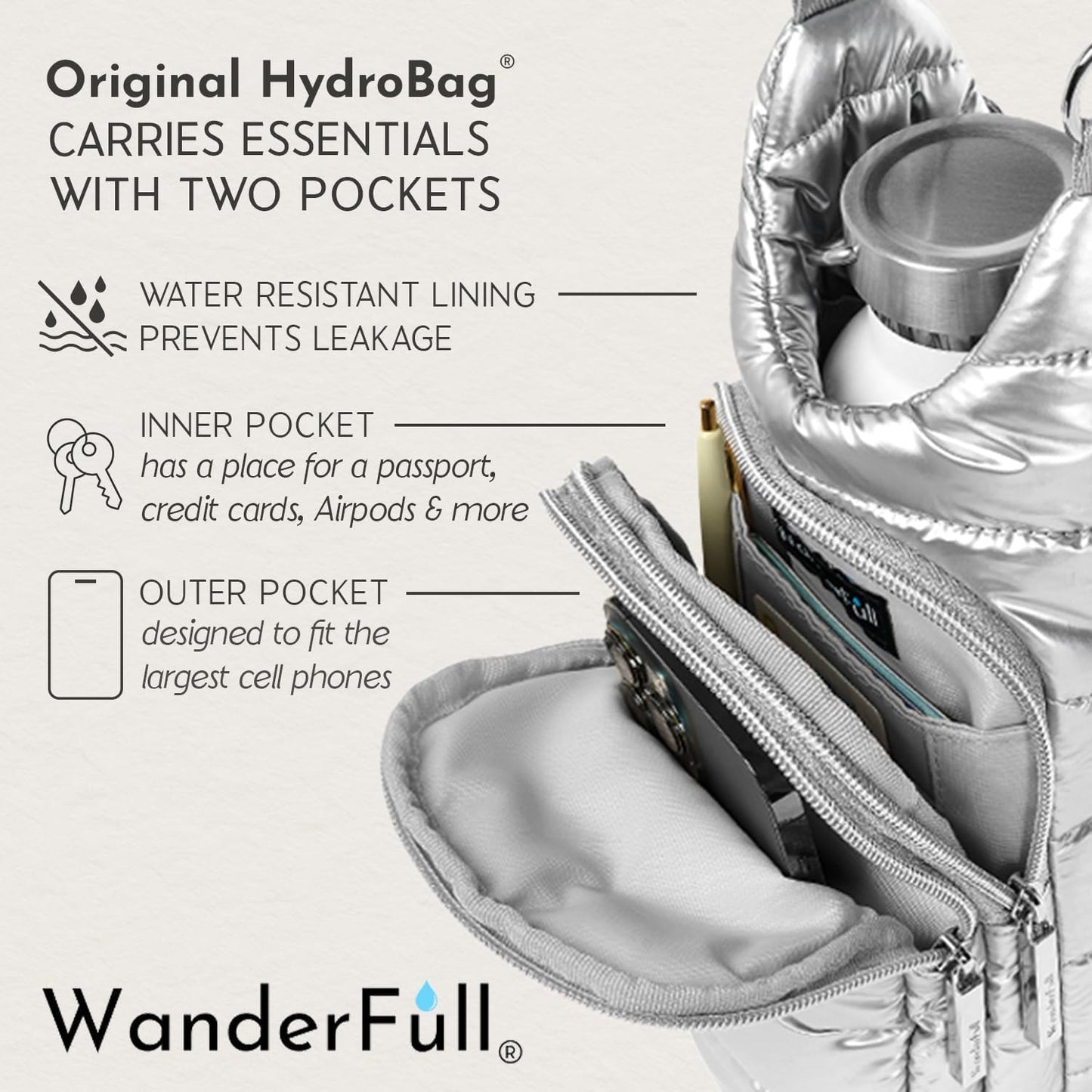 WanderFull Original HydroBag Fits Up to 32 oz Water Bottle Holder with Strap – Hands-Free Crossbody Water Bottle Carrier Bag with Phone Pocket - Colors B