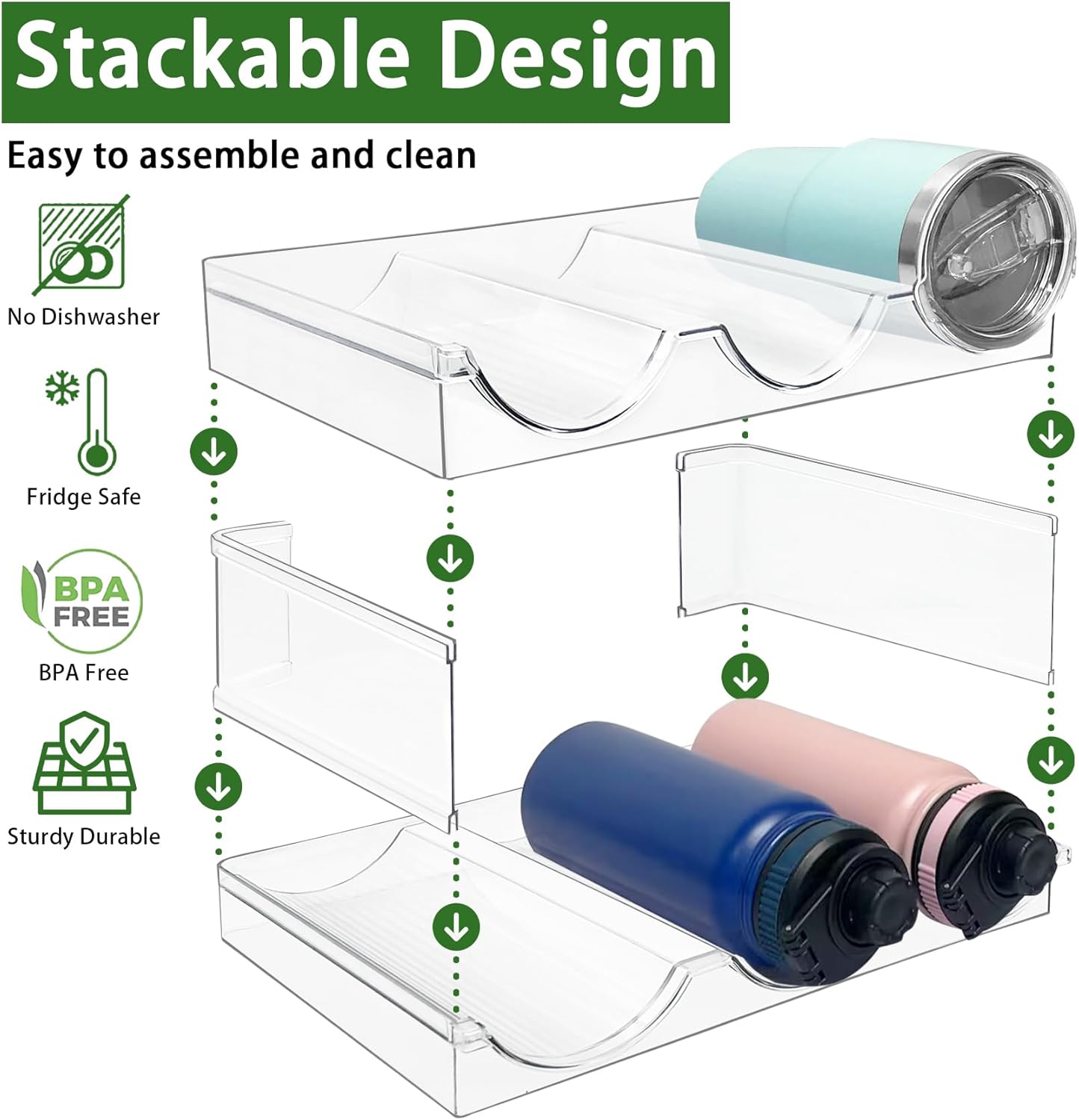 Spaclear 2 Pack Water Bottle Organizer, Stackable Kitchen Pantry Storage Shelf, Plastic Water Bottle Holder for Cabinet and Fridge Organization