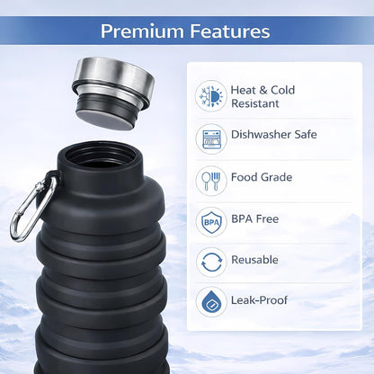 Collapsible Water Bottles,16oz Capacity Portable Reusable Silicone Water Bottle,Leak-proof,with buckle,foldable storage,Lightweight Durable for Fitness,Cycling,Sports,Camping,Hiking (Deep Black)