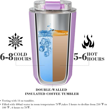 Puraville Insulated Tumblers with Lid, 14 oz Travel Coffee Mug Stainless Steel Vacuum Cup, Leak Proof Reusable Double Walled Coffee Tumbler for Iced and Hot Drinks, Cream