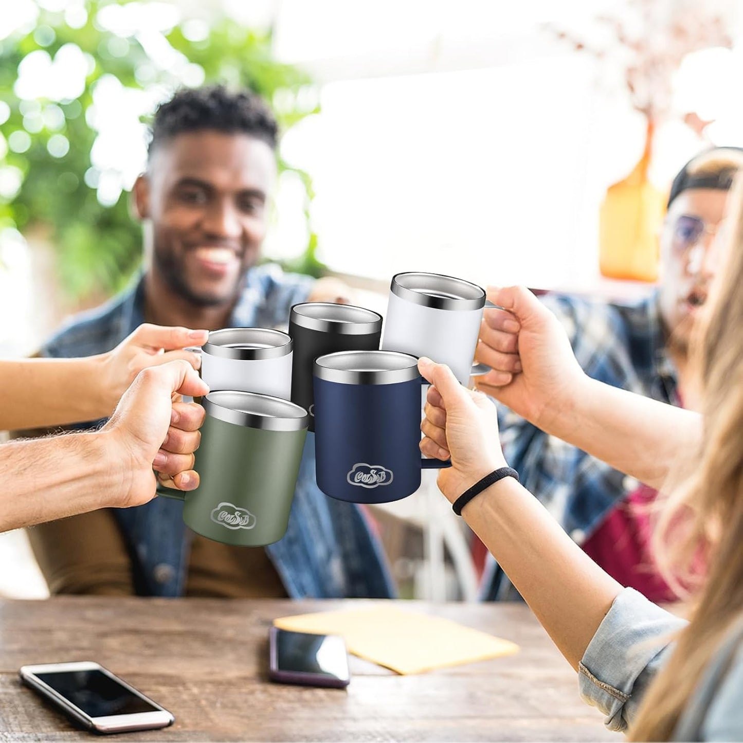 12oz Insulated Coffee Mug with Handle, Stainless Steel Wide Mouth Travel Tumblers with Lid, Double Wall Vacuum Coffee Cup for Camping, Office, Army Green 4 Pack