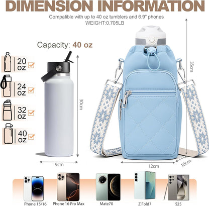 SYTRAH Water Bottle Carrier Bag with Strap, Water Bottle Purse with Phone Pocket 40oz for Walking Hiking