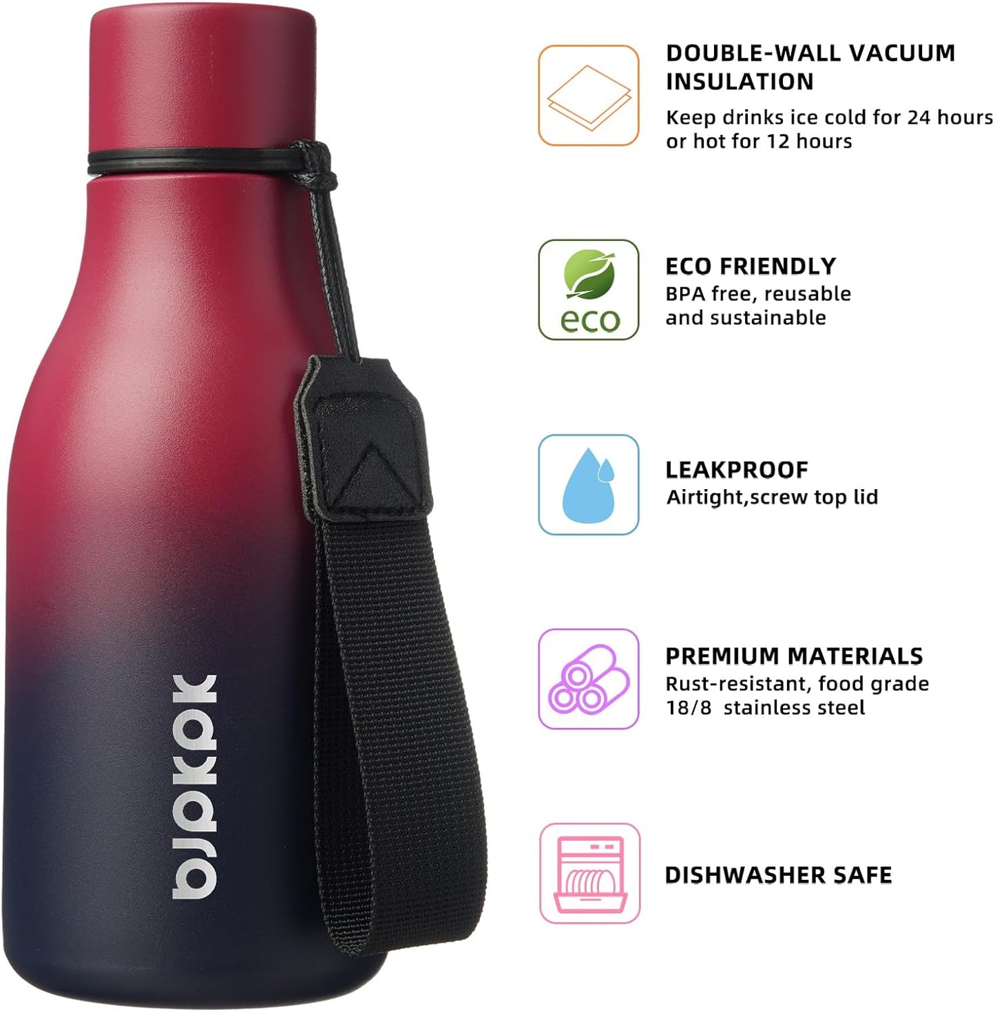 BJPKPK Insulated Water Bottles, 18 oz Stainless Steel Metal Water Bottle with Strap, BPA Free Leak Proof Jugs, Mugs, Flasks, Reusable Thermal Flasks for Sports & Travel, Black - Colors B