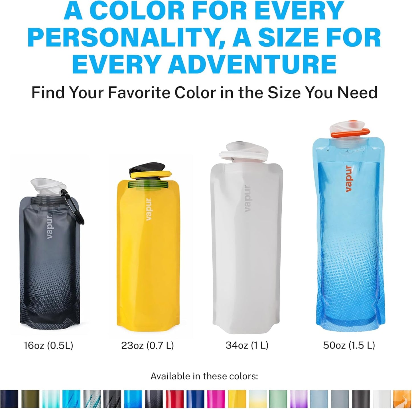 Vapur Collapsible Water Bottle with Carabiner - 34oz (1L), Night Blue - Flexible and Lightweight Water Bottle for Travel, Concert, Hiking, and Outdoor Adventures - BPA-Free, Dishwasher-Safe, Freezable