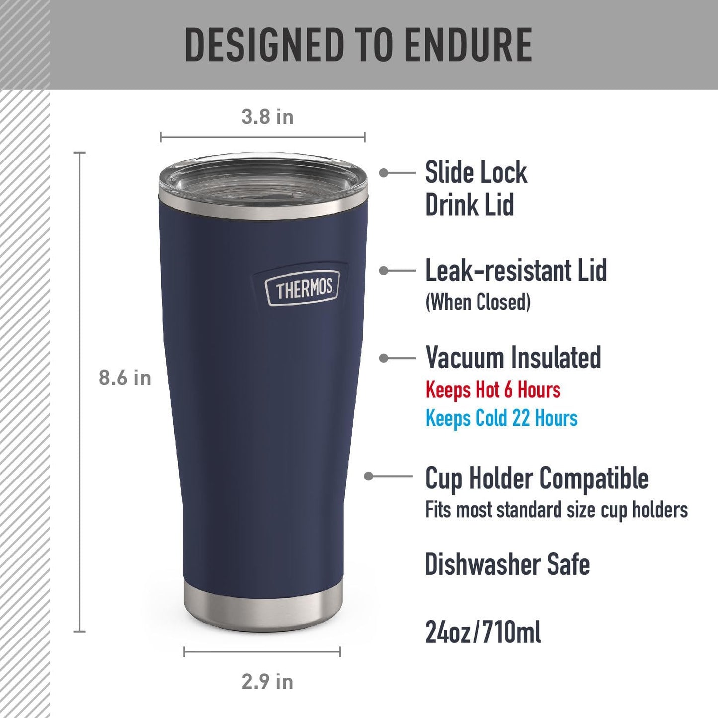 THERMOS ICON SERIES, Stainless Steel Tumbler with Slide Lock, 18 Ounce, Mystic Navy