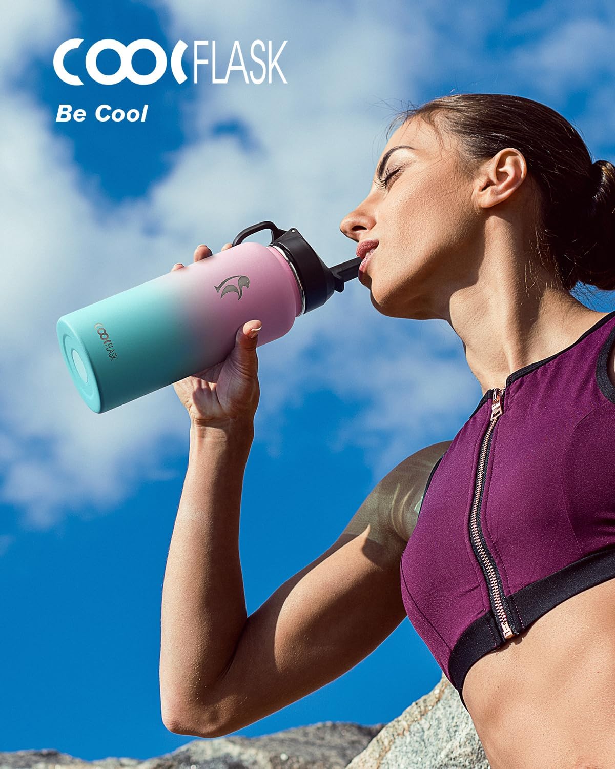 Half Gallon Water Bottle Insulated with Straw & 3 Lids, Coolflask 64 oz Water Jug Large Metal Stainless Steel Wide Mouth for Sports, Gym or Office, Non-BPA Keep Cold 48H Hot 24H, Samurai Cyan