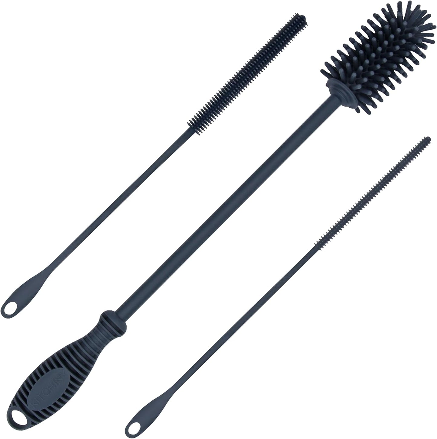 Kitchiny Silicone Bottle Brush with 2 Straw Cleaners - 12.5” Water Bottle Cleaner Brush for Yeti, Hydro Flask, Owala, Stanley, Baby Bottles, Glassware, Vases & Narrow Neck Containers - Orange