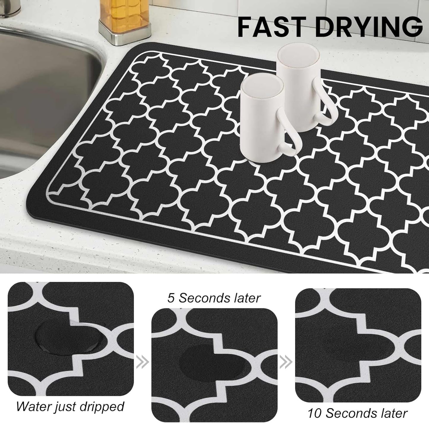 WISELIFE Dish Drying Mat Super Absorbent Drying Mat Large Dish Drying Mats for Kitchen Counter Easy Clean Dish Mat Kitchen Drying Mat15"x 18" Stylish Grey