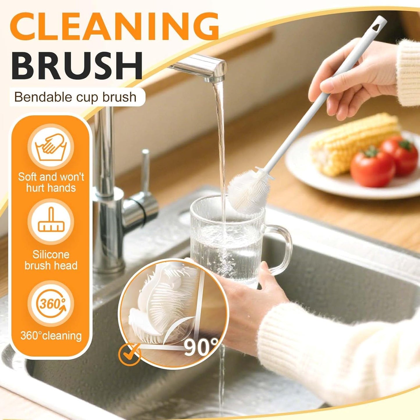 12.4" Silicone Bottle Brush, 3-in-1 Ergonomic Long Handled Cleaning Cup Brush,Water Bottle Cleaner,Deep Cleaning for Baby Bottles,Glassware, Narrow Neck Containers (White)