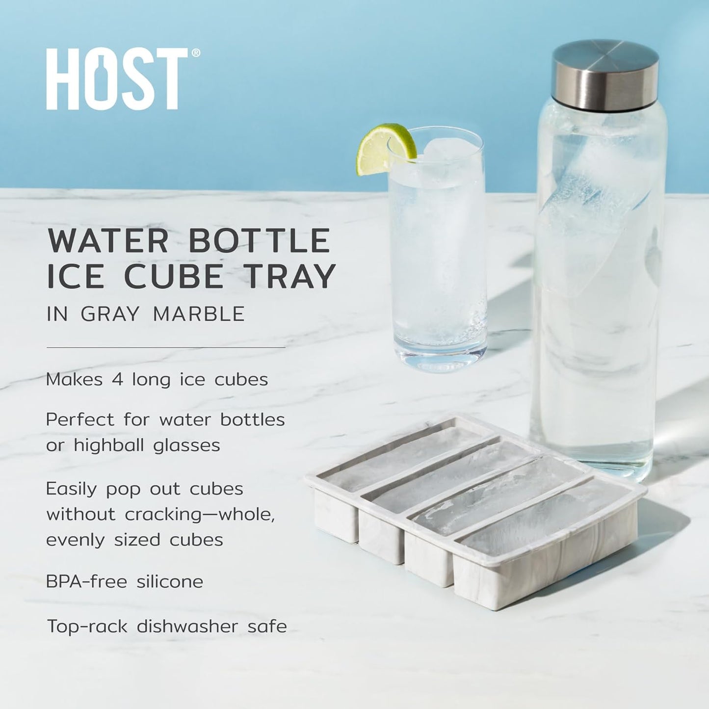 Host Ice Cube Tray, Makes Four 5-Inch Long Cubes, Durable Silicone Trays with Easy Release Design, Perfect for Water Bottles and Highball Glasses, Home Bar Accessories, Set of 1, Marble