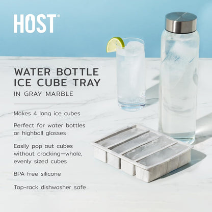 Host Ice Cube Tray, Makes Four 5-Inch Long Cubes, Durable Silicone Trays with Easy Release Design, Perfect for Water Bottles and Highball Glasses, Home Bar Accessories, Set of 1, Marble