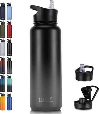HASLE OUTFITTERS 32 oz Insulated Water Bottle Stainless Steel Double Walled Vacuum Sports Water Bottle with 2 Lids (Straw and Spout Lid) for Gym Camping Hiking(Black,1)