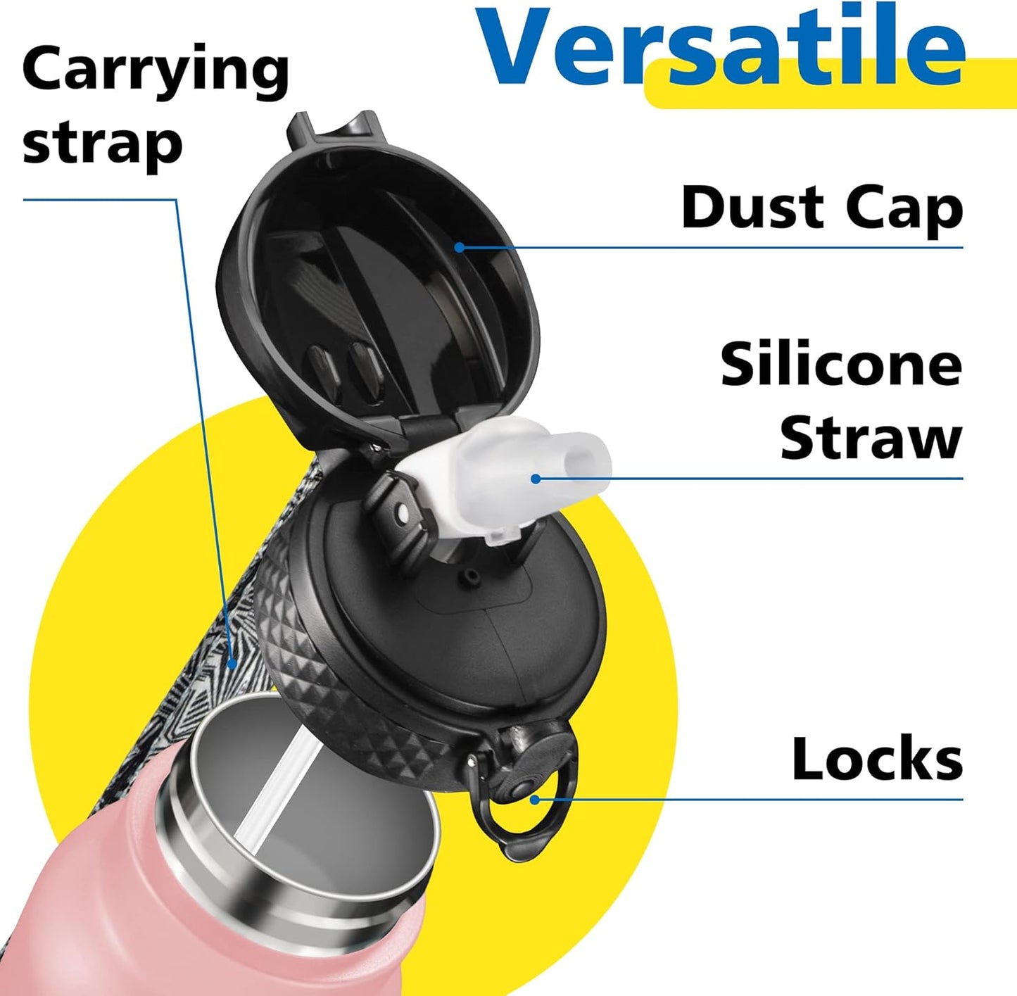 Han's Bottle Sports Water Bottle - 24 Oz, Straw Lid, Leak Proof, Vacuum Insulated Stainless Steel, Double Walled, Thermo Mug,Black