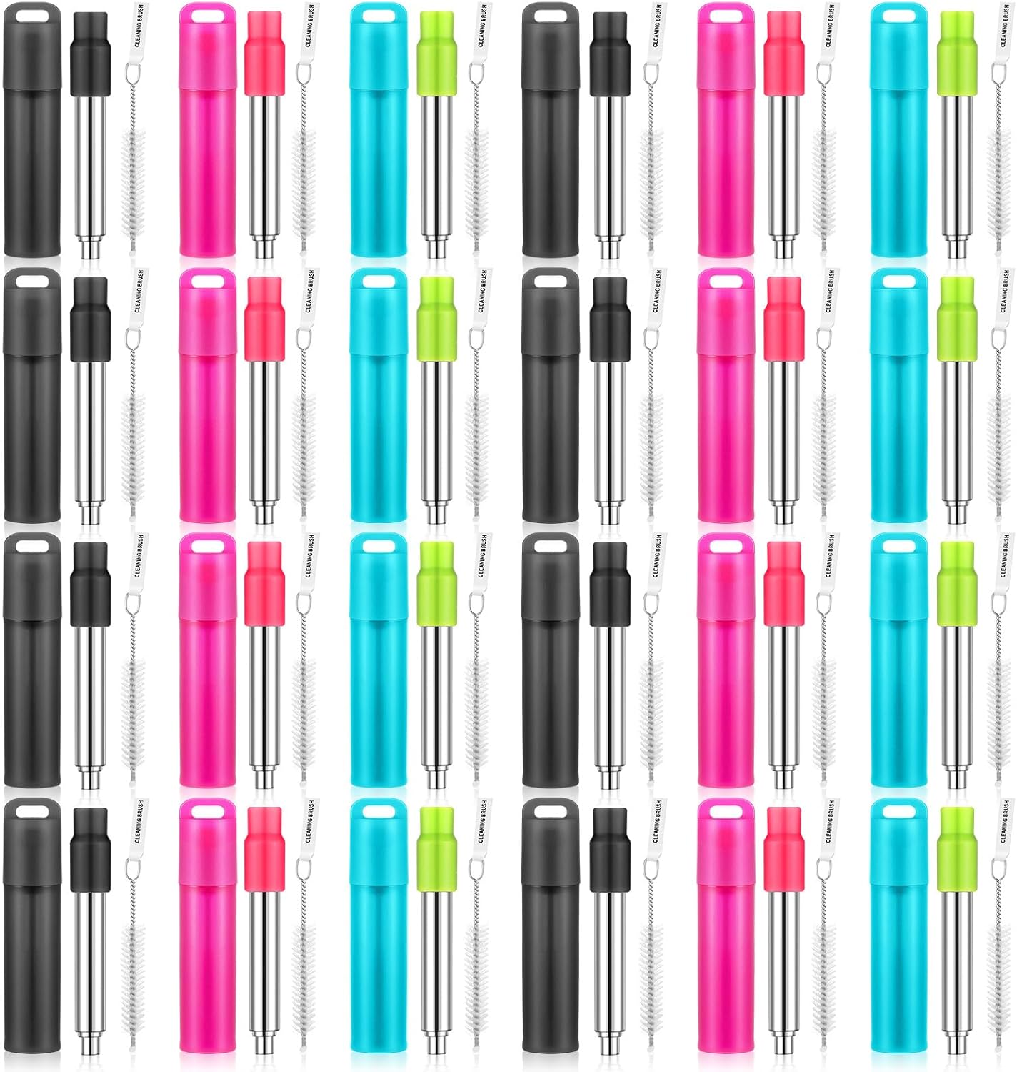 Gejoy 6 Pack Metal Reusable Straw Travel with Case Collapsible Foldable Portable Retractable Drinking Straw Stainless Steel Silicone Tip and Cleaning Brush Long for Cruise Ship Gift