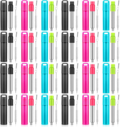 Gejoy 6 Pack Metal Reusable Straw Travel with Case Collapsible Foldable Portable Retractable Drinking Straw Stainless Steel Silicone Tip and Cleaning Brush Long for Cruise Ship Gift