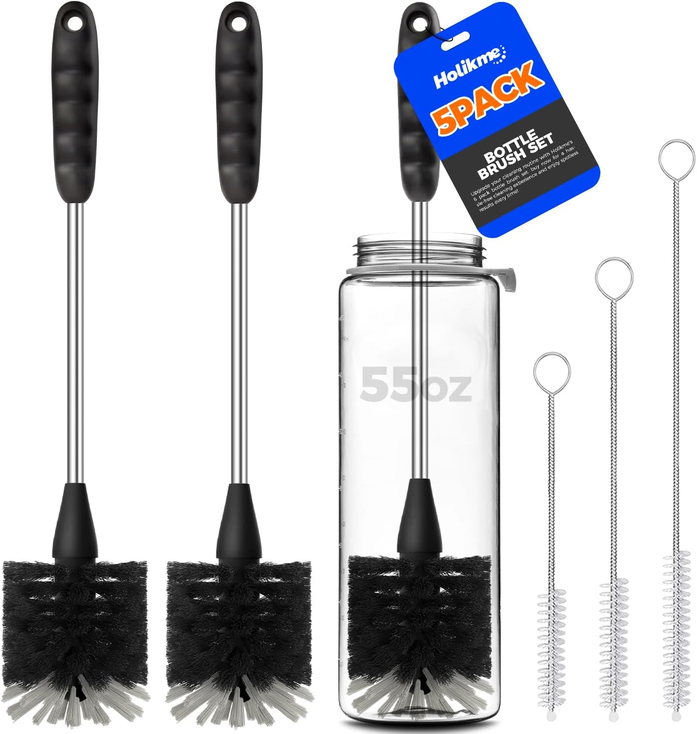 Holikme 6 Pack Bottle Brush Set, 14" Long Handle Stainless Steel Bottle Cleaner Brush, 3 Straw Brushes, 4-in-1 Bottle Cleaning Brush for Water Bottle, Antistatic Lab Brushes Straws, Black