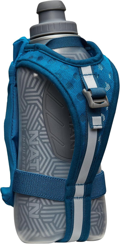 Nathan SpeedDraw 2 Insulated Handheld Running Water Bottle Flask 18oz – Double-Wall Insulation, Ergonomic Grip, Blast Valve Cap, Phone & Key Storage Pockets, Reflective Design